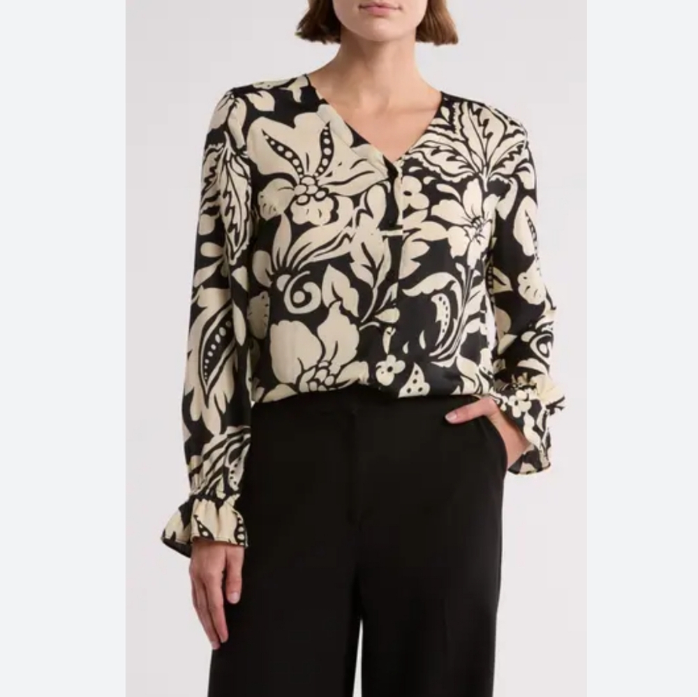 T Tahari Airflow Long Sleeve Button Up V-Neck Blouse Shirt L